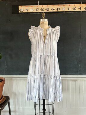 NWT ME+EM Cotton Stripe Short Frill Dress White Blue US 6